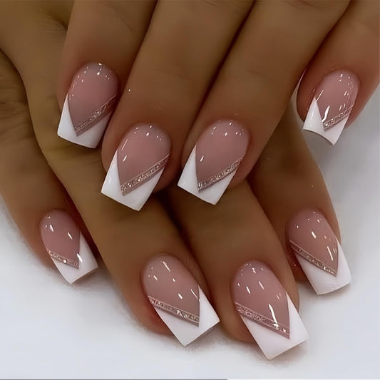 CTTHNBD Press on Square Nails - French Tip Fake Nails with Glitter Line Design - Medium False Nails Press ons - for Women 24 Pcs