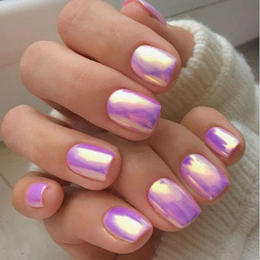 Purple Chrome Press on Nails Short Square Fake Nails Aurora False Nails with Design Mirror Metal Plating Acrylic Nails Glue on Nails Glossy Stick on Nails for Women Girls Manicure 24Pcs