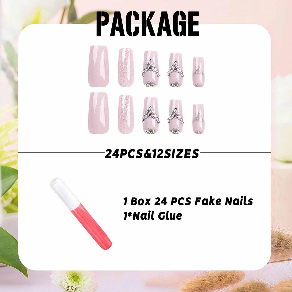 IMSOHOT Press on Nails Medium Square Rhinestone Pink Fake Nails Bling Glitter Glossy False Nail Artificial Glue on Nails Finger Manicure for Women and Girls 24pcs