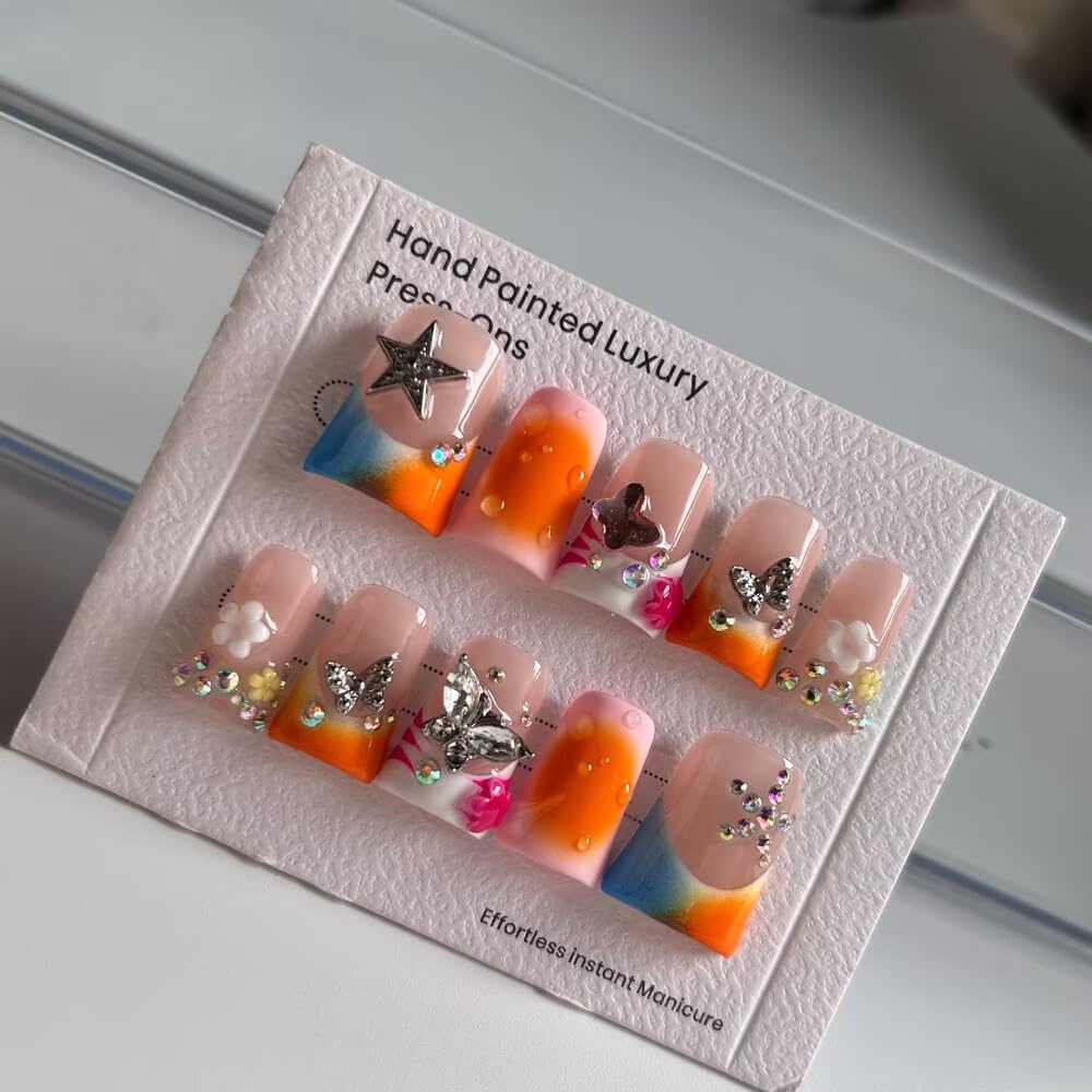MXYIYANR Press On Nails - Handmade Nails Yellow Duck Nails for Women, French Pearl Nail Tips Reusable Stick On Fake Nails, DIY Art Decorate with Nail File Kit (SIze M)