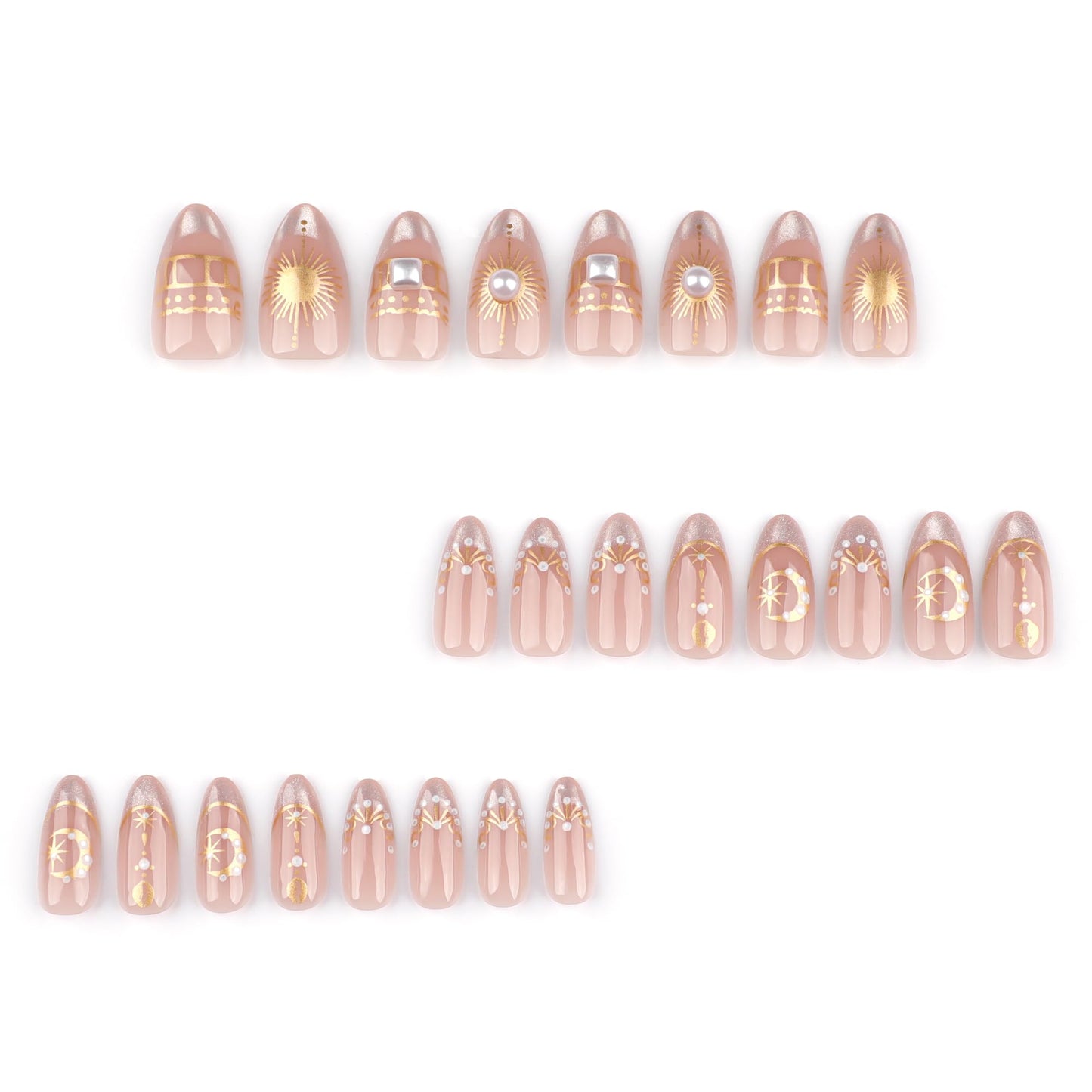 Stbisen French Nude Press On Nails Almond, Short Fake Nails with 3D Gold Moon and Star Design, Glitter French Tip and Pearl Accents, Glossy Reusable Glue On Nails Kit for Women, 24Pcs