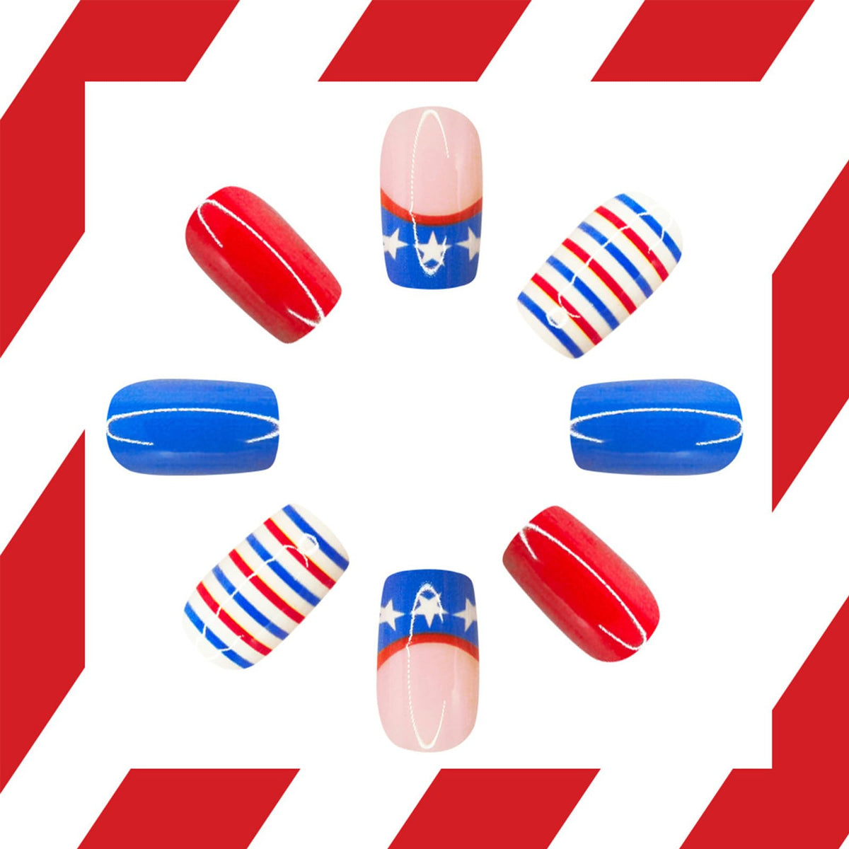 4th of July Press on Nails Medium Square Fake Nails Red Blue White Acrylic Nail with Star Stripes Design Independence Day Patriotic Nails Full Cover Stick on Nails for Women French Manicure 24Pcs