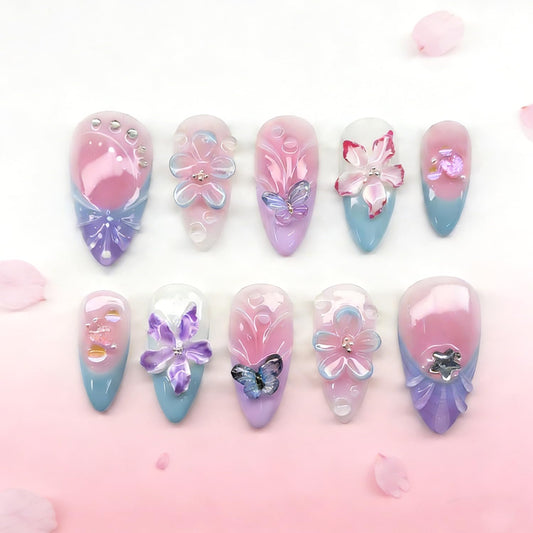 30Pcs Flower Press on Nails Medium Almond French Tip Fake Nails with 3D Star Rhinestone Design Butterfly Heart False Nails Pink Smudge Full Cover Cute Floral Butterflies Acrylic Glue on Nail for Women
