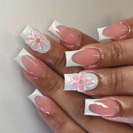 CTTHNBD Square Press on Nails - White French Tip Fake Nails with Flower Design - Ombre, Medium False Nails Press ons - for Women 24 Pcs