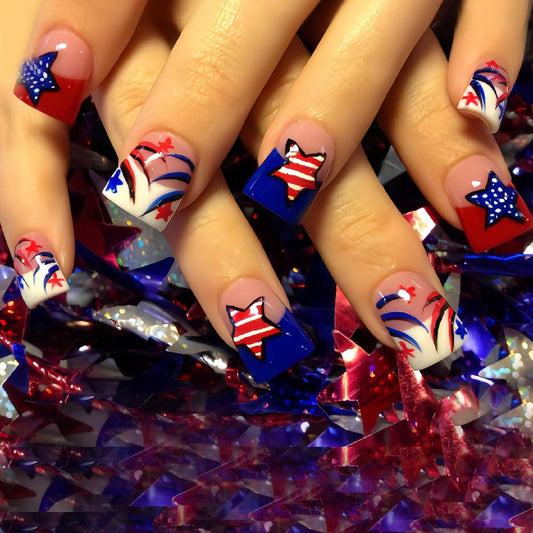24Pcs 4th of July French Tips Press on Nails Short Square American Flag Star Designs Fake Nails Independence Day Fireworks Acrylic Stick on Nails for Women Girls DIY Manicure Decorations 24Pcs