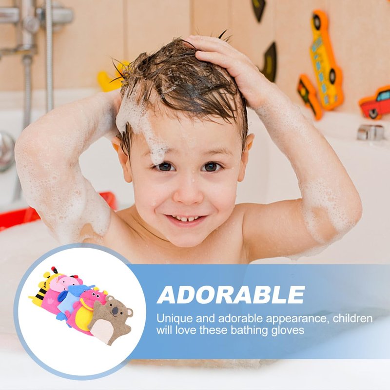 VINTORKY Kids Bath Gloves 5Pcs Cartoon Animal Shape Soft Exfoliating Mitts for Children Gentle Skin Cleaning Travel and Daily Bath Use