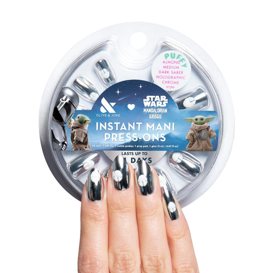 Olive & June Instant Mani Press-On Nails (Glue) | Star Wars: The Mandalorian & Grogu | 42 Fake Nails, 21 Sizes | Non-Toxic, Long-Lasting Up to 14 Days | Medium, Almond | Dark Saber Holographic Chrome