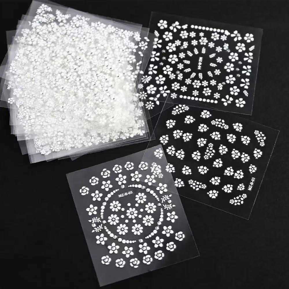 SPLOCUDU White Flower Nail Art Stickers White Flower with Rhinestones Nail Decals 3D Self Adhesive Nail Stickers Nail Art Designs Flowers Sticker for Nails Decorations 30 Sheets