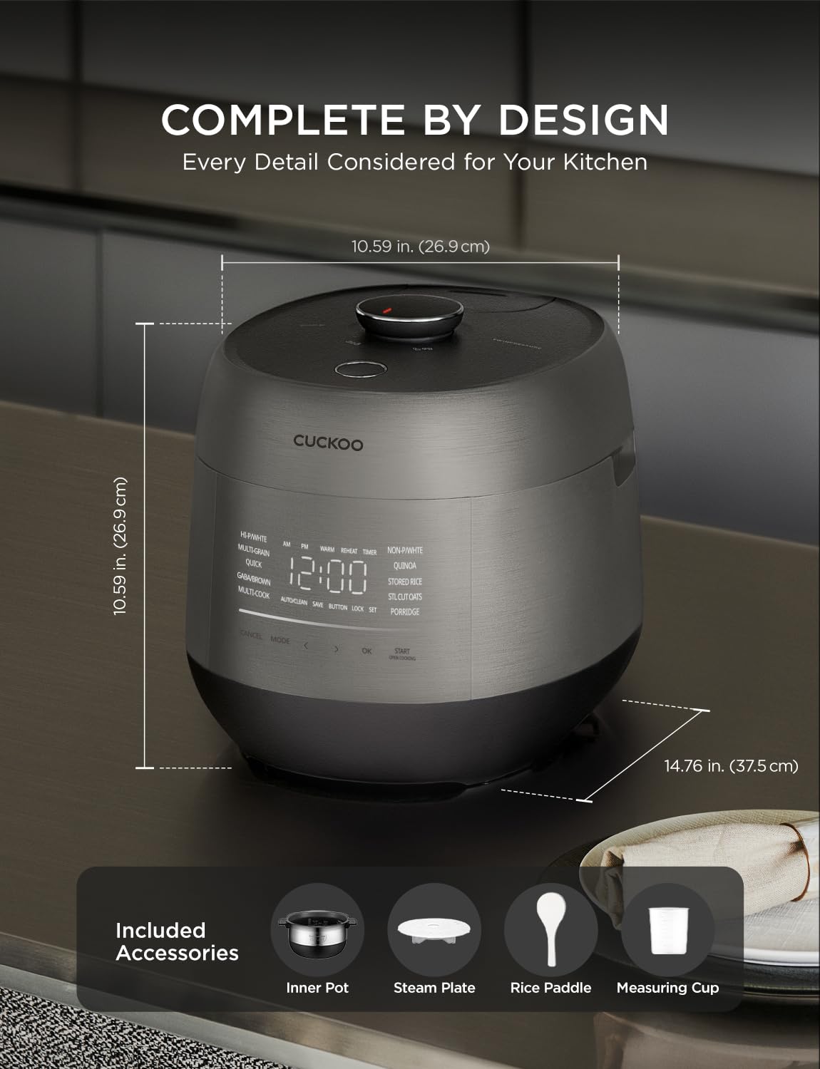 CUCKOO Twin Pressure Rice Cooker 6-Cup Uncooked / 12-Cup Cooked with Induction Heating Technology, Silent Pressure System, Open Cooking Mode, Dynamic Display, Eco Inner Pot, Gray (CRP-PHTR0609FS)