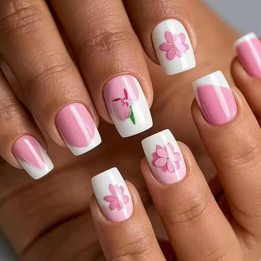 CTTHNBD Press on Nails Square - Short Fake Nails with Pink Flower Design - White French Tip False Nails Press ons - for Women 24 Pcs