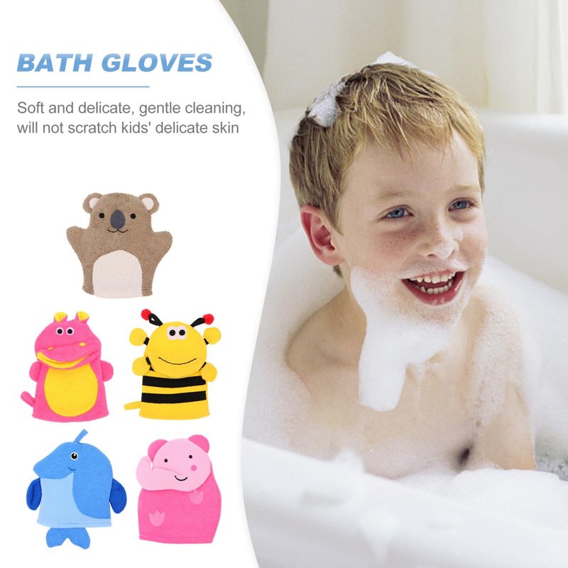 VINTORKY Kids Bath Gloves 5Pcs Cartoon Animal Shape Soft Exfoliating Mitts for Children Gentle Skin Cleaning Travel and Daily Bath Use
