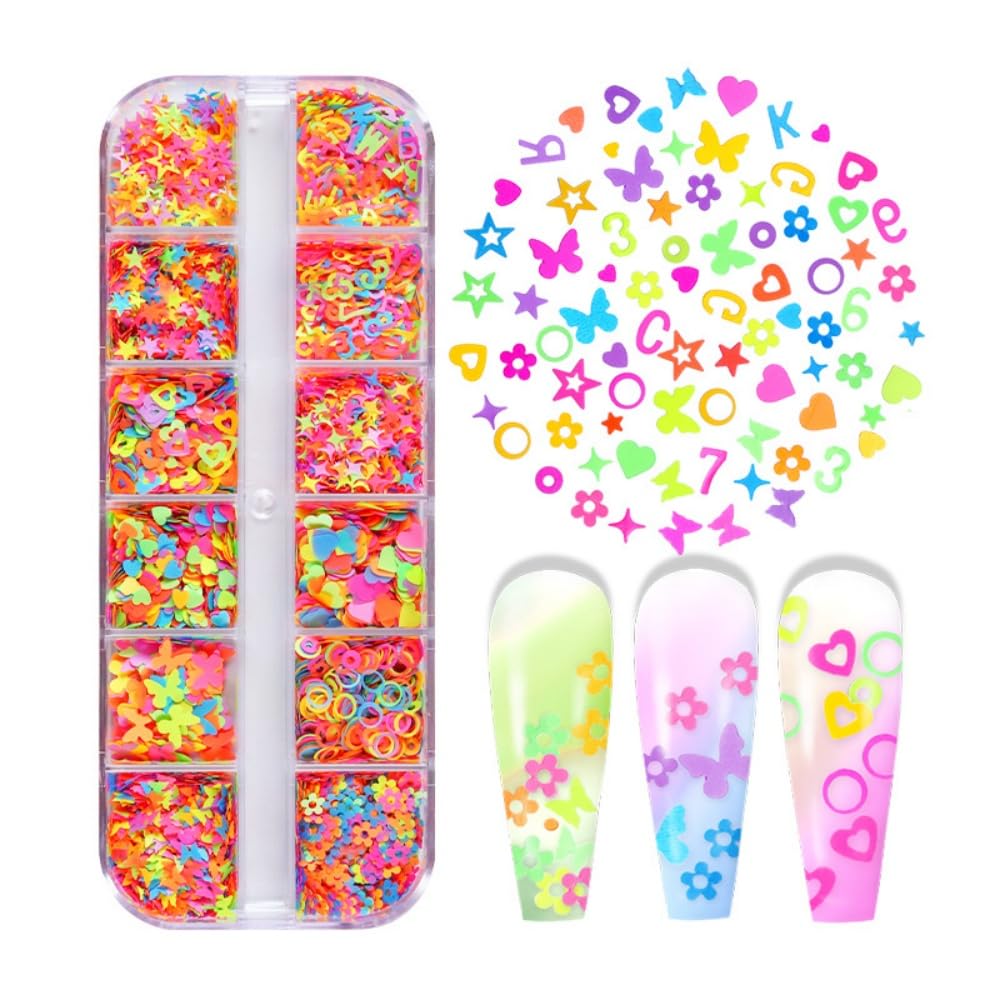 1 Box Holographic Heart Star Nail Glitter Butterfly Flower Nail Sequins 3D Letter Alphabet Nail Flakes Sparkly Powder Flakes Shiny Nail Glitter Figure Nail Sequins Glitter for Nails Art 12 Grids