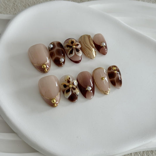 Handmade Press on Nails Almond, Brown Acrylic Nails Medium, 3D Flower and French Tip Amber Gold Chrome For Women Gift, Handmade Reusable Stick on Nails Kit With Nail Glue (Size M)