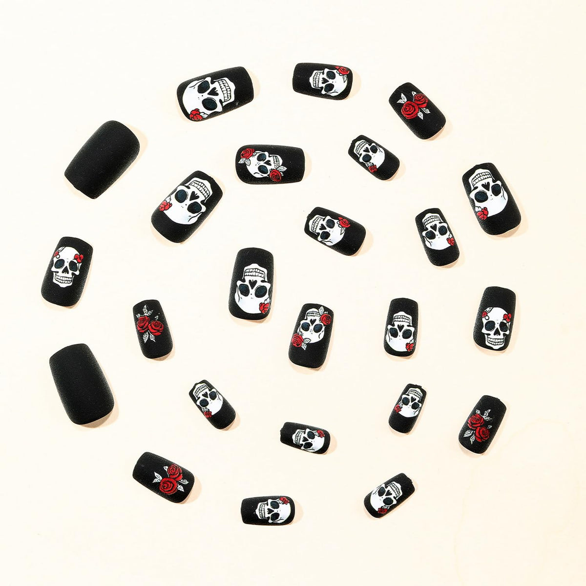 Halloween Press on Nail Short Square Fake Nails The Day of Dead False Nails Skull Red Rose designs Black Press ones Glue on Nails Full Cover Spooky Matte Stick on Nail for Women Party Manicure24pcs