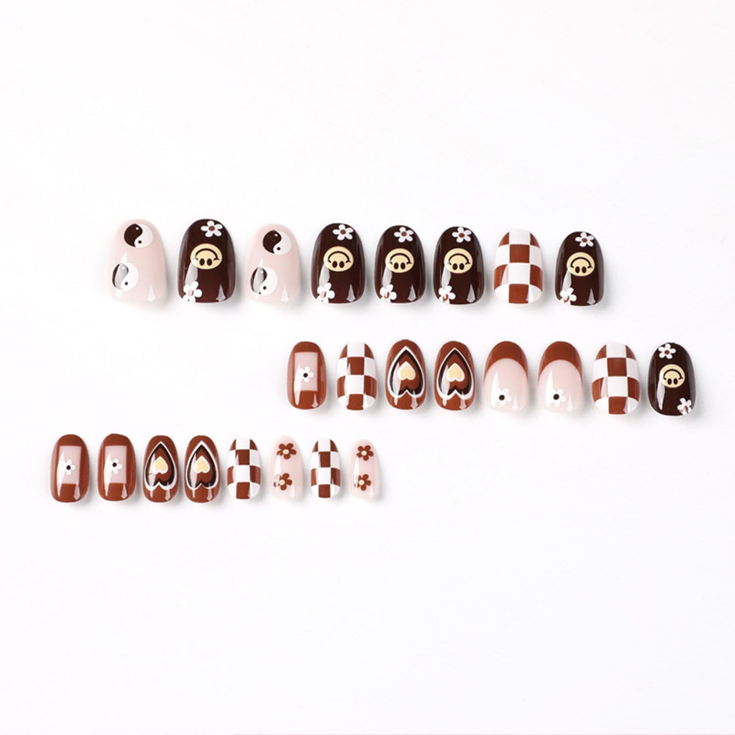 Fall Press on Nails Short Almond Fake Nails Brown French Tip False Nails with Designs Cute Flowers Hearts Acrylic Nails Full Cover Round Head Brown Glue on Nails for Women Girls Autumn Nail Art