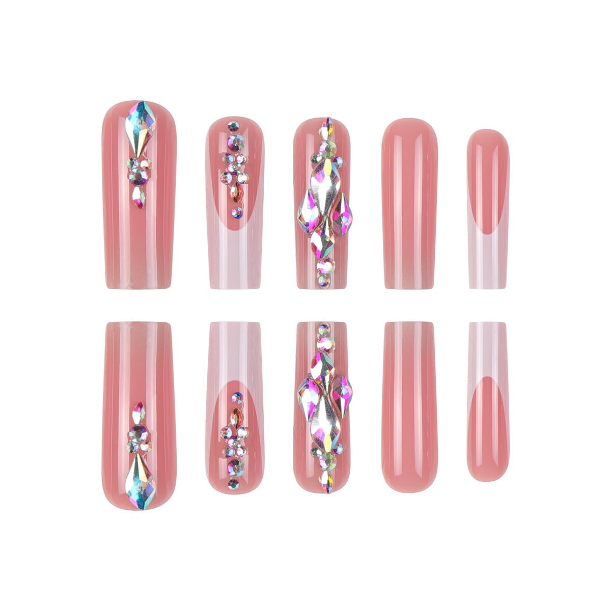 IMRAIN Long Square Press on Nails White French Tips Fake Nails with Rhinestone Designs Glossy Nude Glue on Nails Acrylic Squoval False Nails Full Cover Acrylic Artificial Nail Supplies 24Pcs