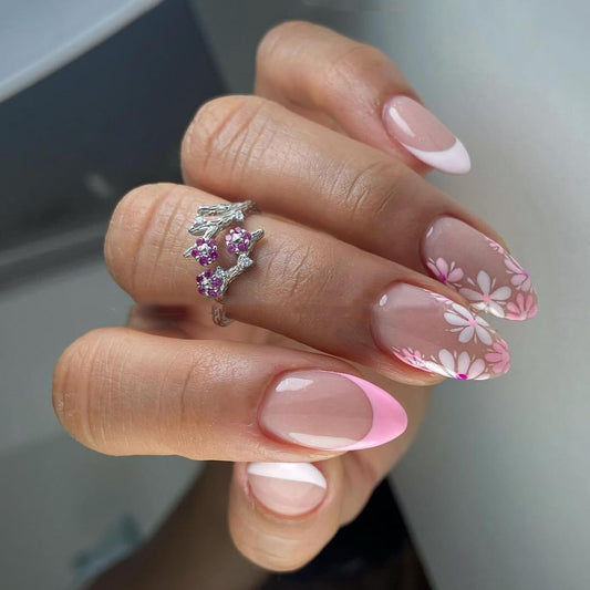 French Tip Press on Nails Medium Almond Fake Nails Spring Flowers Acrylic Nails Pink Floral False Nails Glossy Artificial Glue on Nail for Women Manicure Nail Decoration 24Pcs