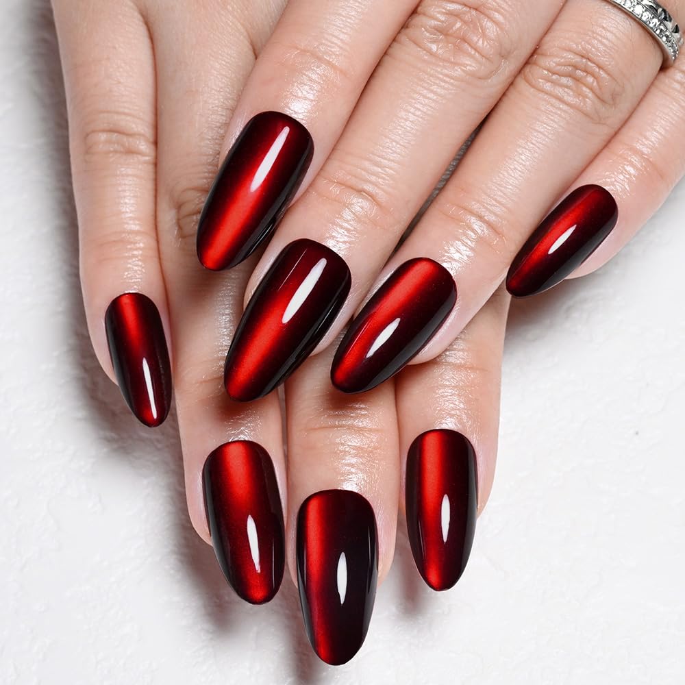 evpct Oxblood Red Cat Eye Chrome Press on Nails Almond Medium No Glue, Holographic Medium Almond Stick on Fake Nails for Women Gift, Glossy Cat Eye Effect, Perfectly Fit Salon-quality Soft False Nail