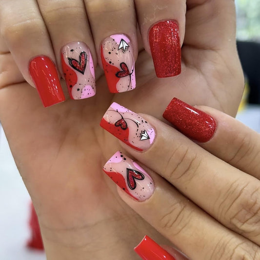 FIEONCIY Medium Square Glossy Full Cover Acrylic False Nails with Heart Designs Artificial Square Fake Nails Glue ons Fingernails for Women Girls (A80103)