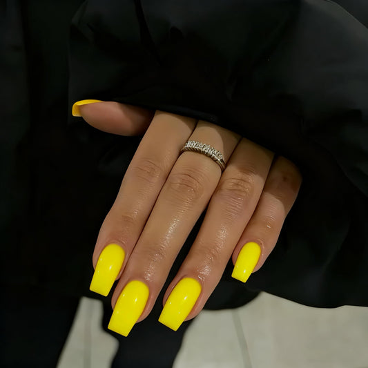 KQueenest Yellow Press On Nails Long Medium Coffin Gloss Bright Solid Color Full Cover Long Medium Fake Nails For Women, Thick Acrylic Glue on Nails for Daily Wear, 24 Pcs