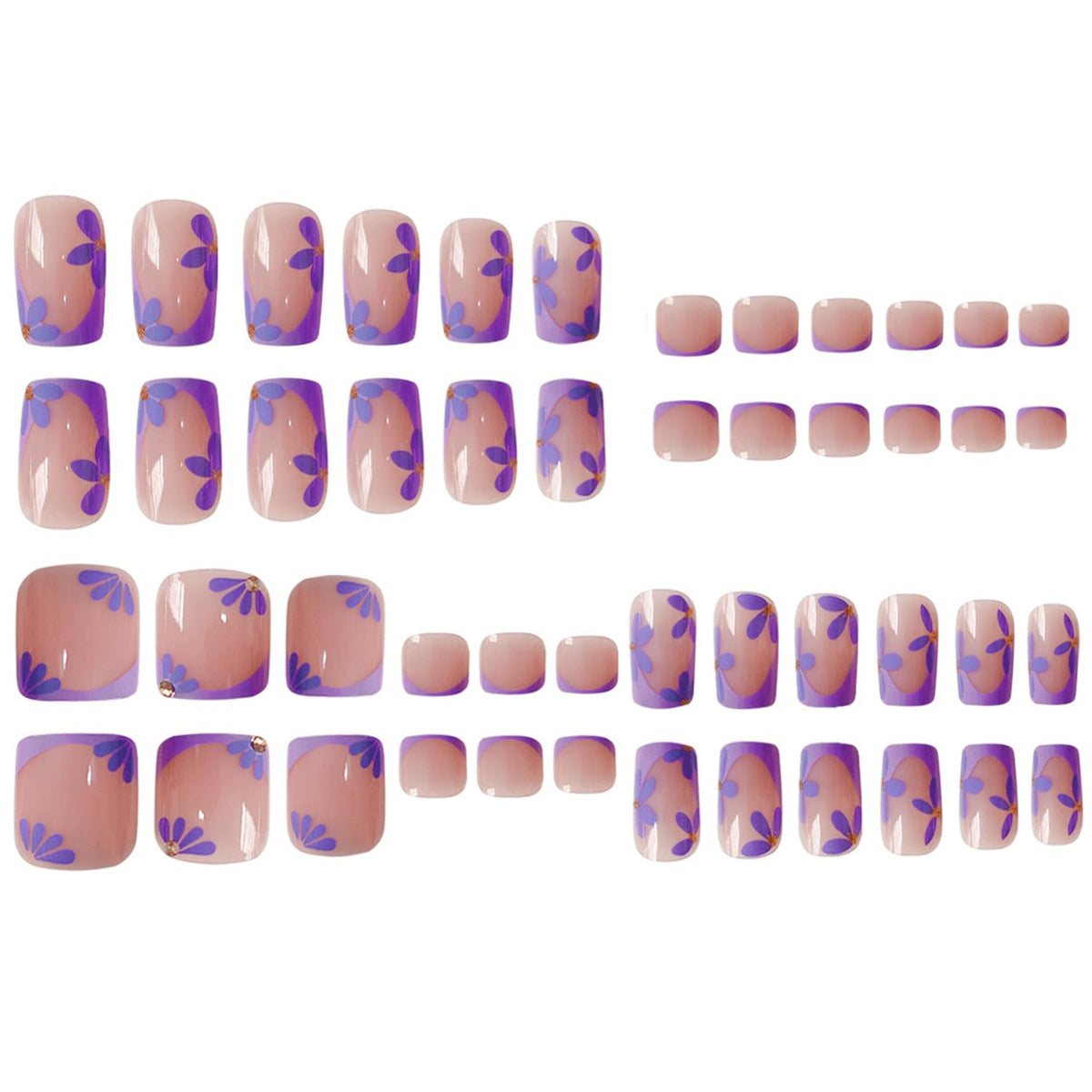 48 Pcs Purple French Tip Press On Nails Square & Press On Toenails Set Purple Flower Fake Nails Spring Floral Toe Nails Press Ons Glossy Full Cover Stick On Toe Nails For Women Gilrs Manicure