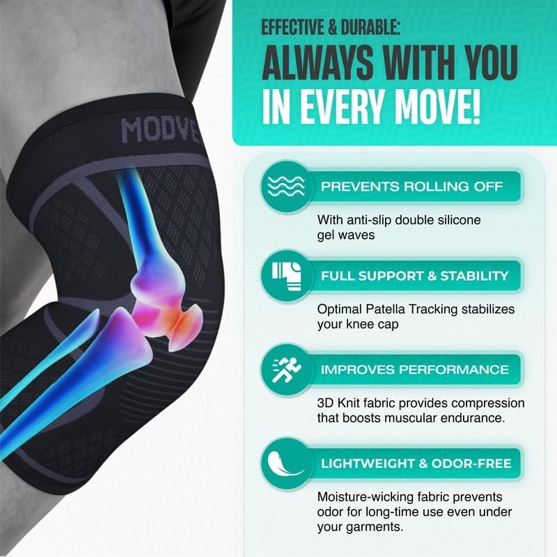 Modvel 2 Pack Knee Brace for Women & Men - Workout Knees Compression Sleeve for Knee Pain Relief Joint Support for ACL, Arthritis, Meniscus Tear Knees Brace for Sports, Rodilleras para Gym Fitness