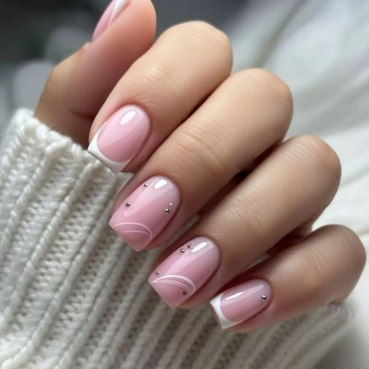 CTTHNBD Short Press on Nails Square - White French Tip Fake Nails with Stripes Design - Glossy Full Cover Stick on False Nails for Women 24 Pcs