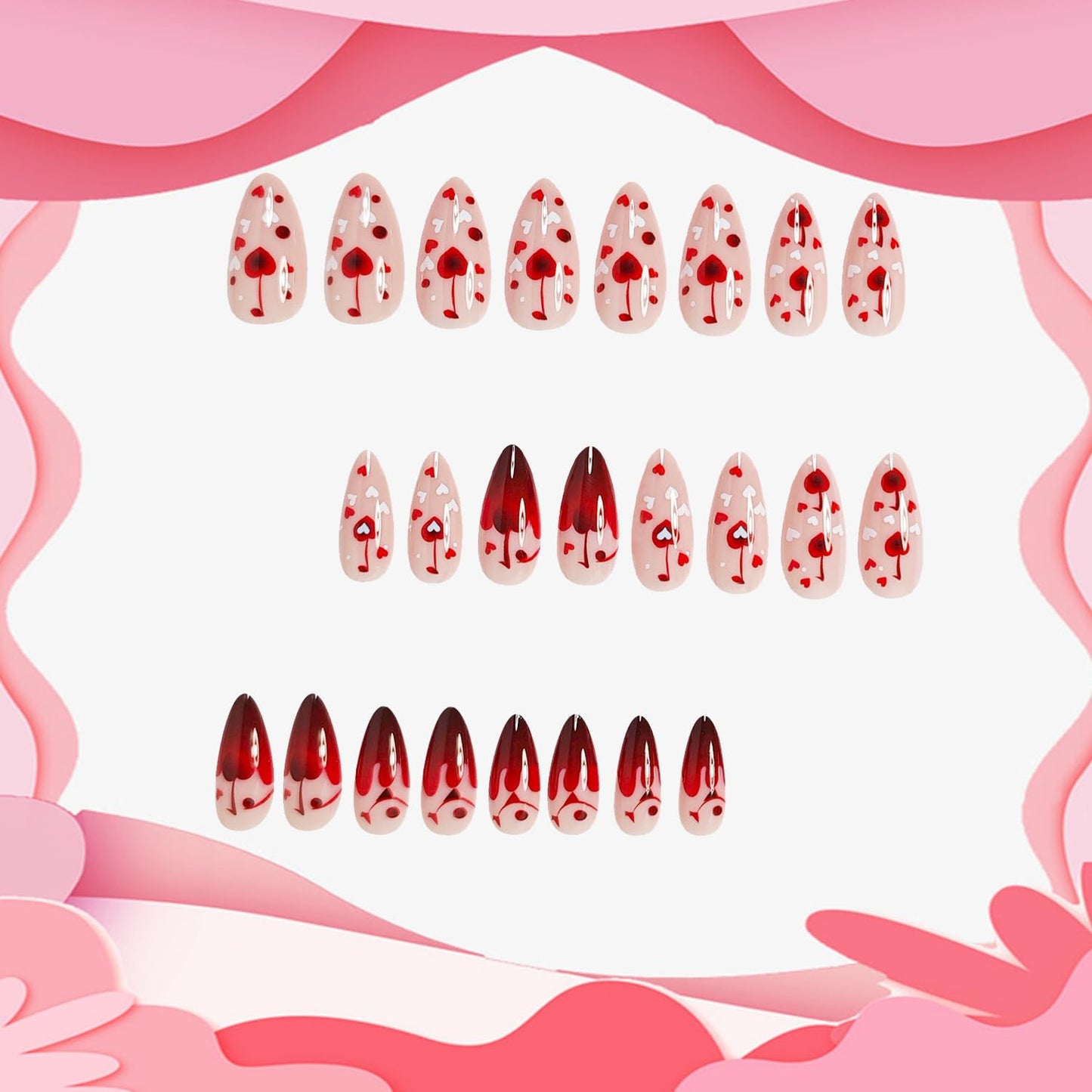 Heart Press on Nails Medium Almond Artificial Acrylic French Red Fingernails Red White Love with Cherry Design Coffin Nails Full Cover Glossy Valentines Glue on Nail Artificial Nail for Women Manicure