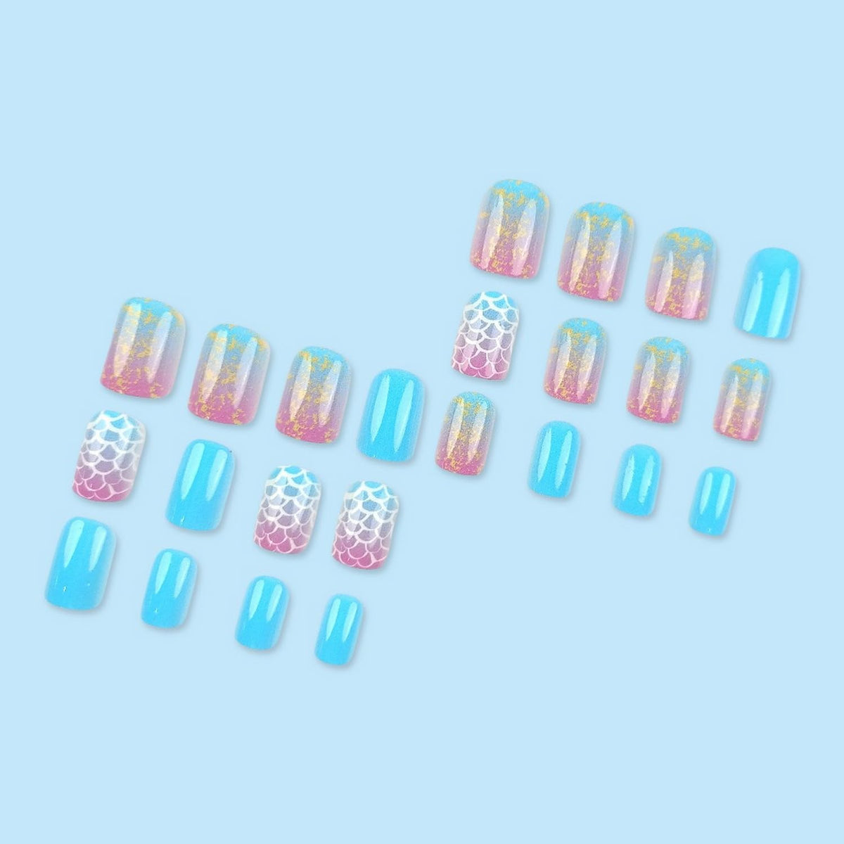 OCOUYVD 24 Pcs Summer Press On Nails Short Square Glitter Fish Scale Design Full Cover Artificial Nails Glossy False Nails Stick On Nails for Women Nail Art Manicure