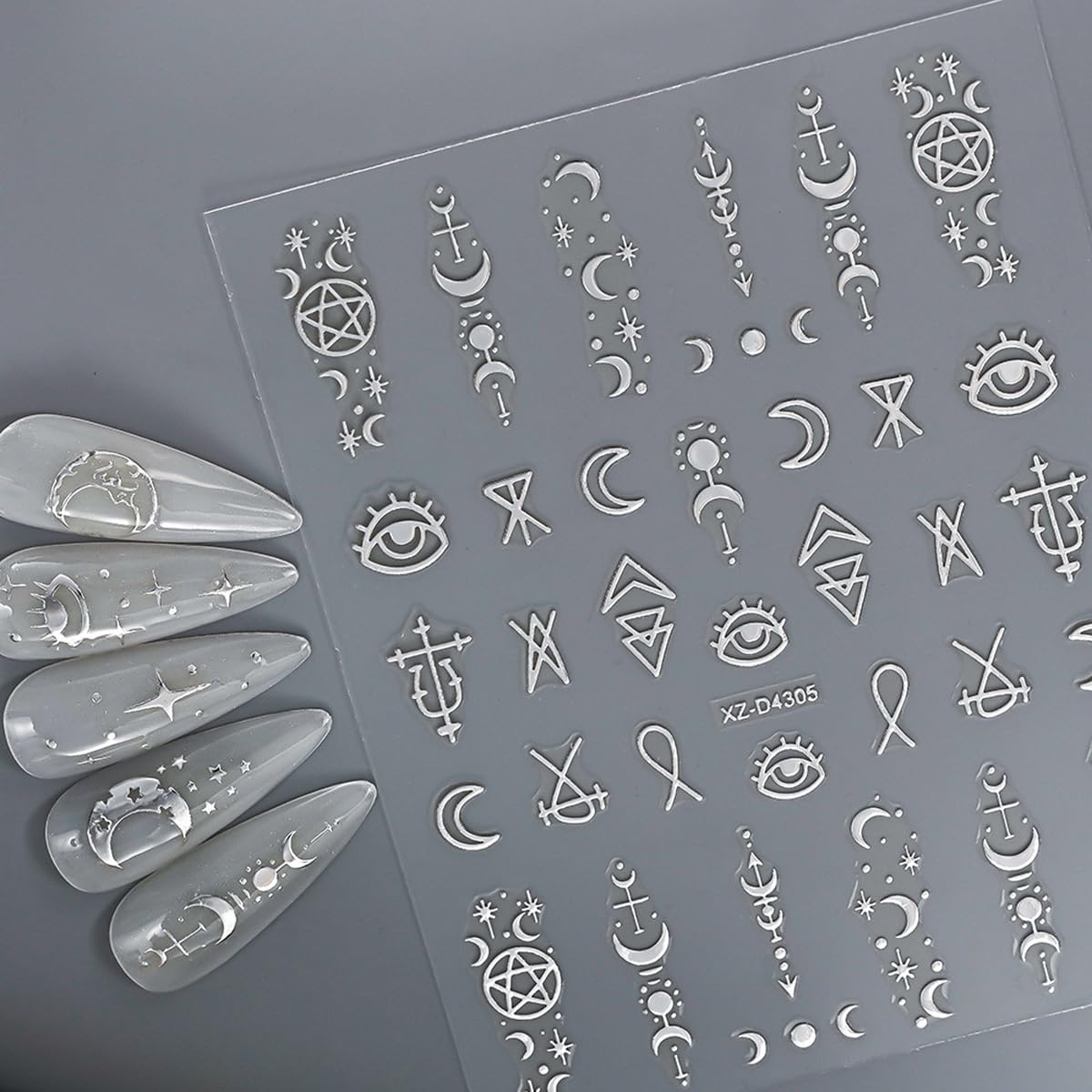 12 Sheets Silver Nail Art Stickers Star Nail Stickers Heart Nail Decals Self Adhesive Evil Eye Nail Art Supplies for Women Girls DIY Manicure Nail Art Decorations