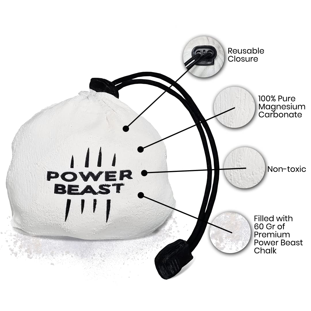 POWER BEAST Refillable Chalk Ball + Bag, Boulder Chalk, Sport Chalk, Gymnastics, Rock Climbing, Bouldering, Weightlifting, Climbing, Pole Dance, Bodybuilding, Tennis, Padel, Cross Training, Gym.