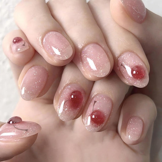 Pink Cherry Press On Nails Short Round Soft Gel Fake Nails with 3D Jelly Fruit Design, Glitter Nude Glossy Reusable On Nails for Women Girls Cute Manicure Set 24PCS