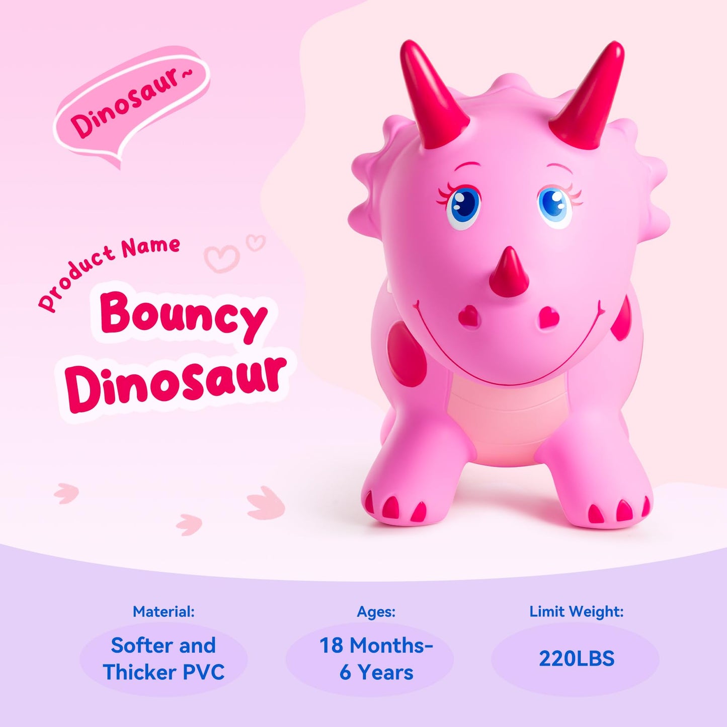 ZOOJOY Dinosaur Bouncy Animal Hopper, Inflatable Bouncy Horse Toys for Toddlers 1-3, Ride-on Bouncing Toys for ChristmasBirthday Gifts for Boys Girls, Pink Gril Toys WFree Pump