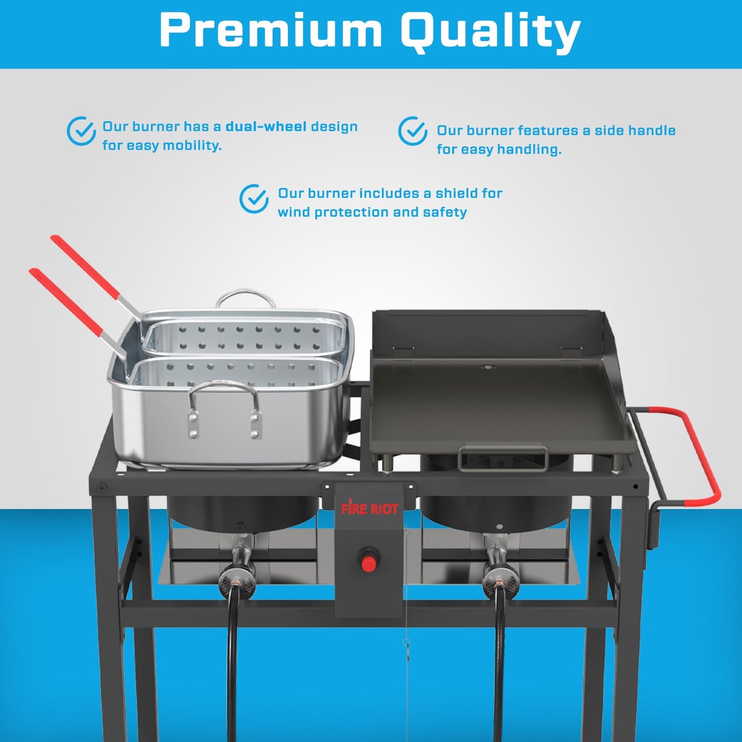 FIRE RIOT Outdoor Propane Deep Fryer and Griddle Combo, Portable 2-in-1 Cooking Station with Double Burner Propane Stove and Wheels, Ideal for Outdoor BBQ, Camping, and Tailgating