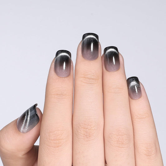 Black Cat Eye Press On Nails - Short Square Ombre Press Ons for Women Fake Nails with Glue, Glossy Reusable Glue on Nail in 15 Sizes - 30pcs