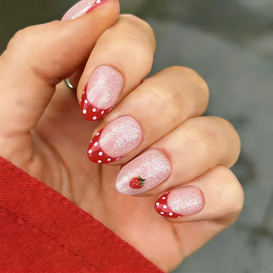 Strawberry Press on Nails Red French Tips False Nails with Fruit Design Medium Oval Fake Nail Glossy Silver Glitter Glue on Nail White Polka Dots Stick on Fingernails for Women Summer Daily Wear