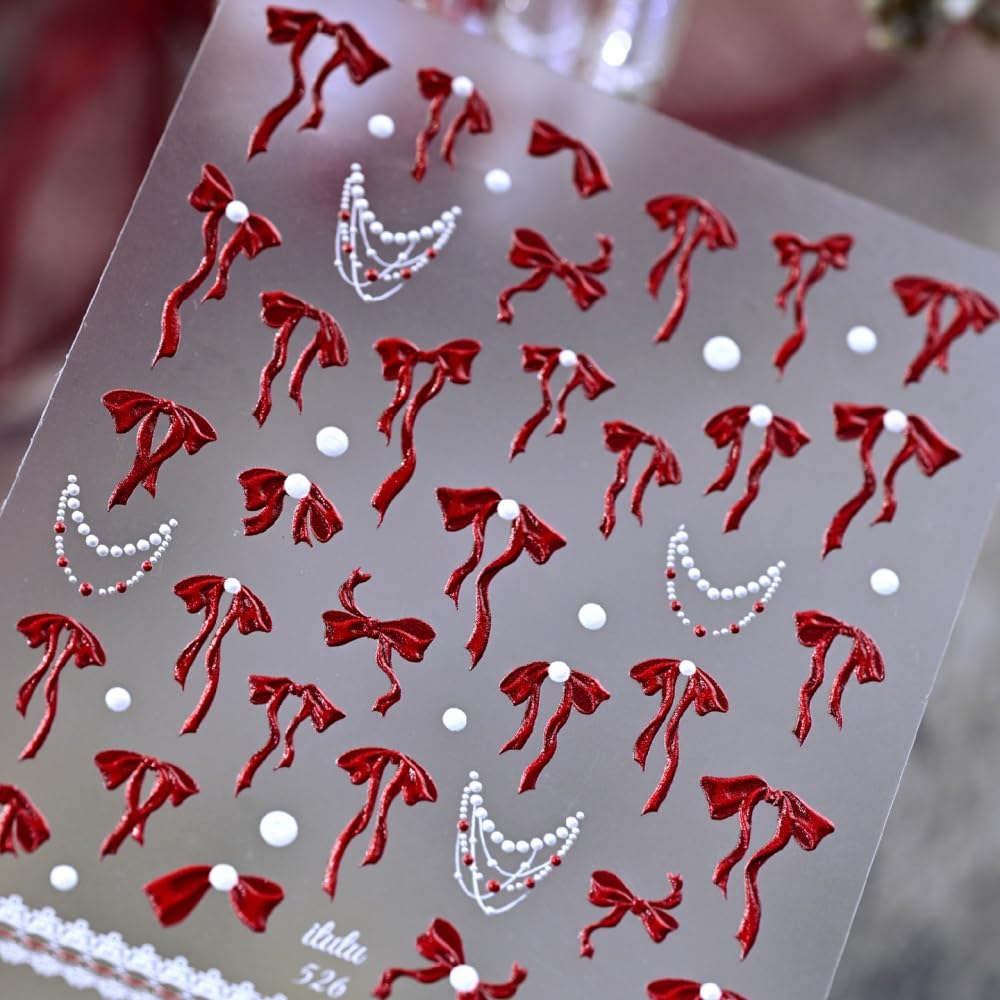 Bow Nail Stickers 5D Embossed Red Bowknot Nail Art Stickers 3D Self-Adhesive Laser Ribbon Nails Supplies White Bead Necklace Nail Decals Stickers Cute Nail Designs for Women DIY Manicure 1 Sheet
