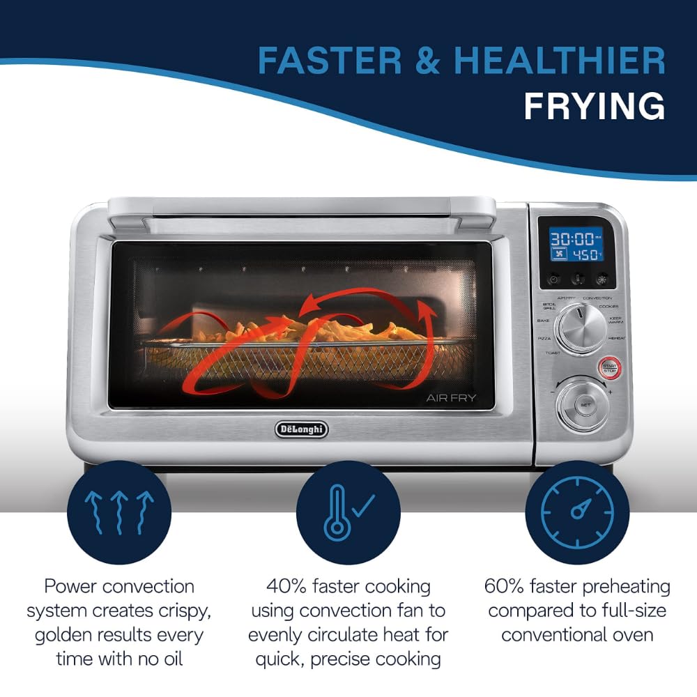 De'Longhi Digital Air Fry Convection Toaster Oven 14L Stainless Steel, Air Fry Oven, 9-in-1, Grills, Broils, Bakes, Roasts, Reheats, Keep Warm, Non-Stick, Scratch-Resistant Interior, 1800-Watts