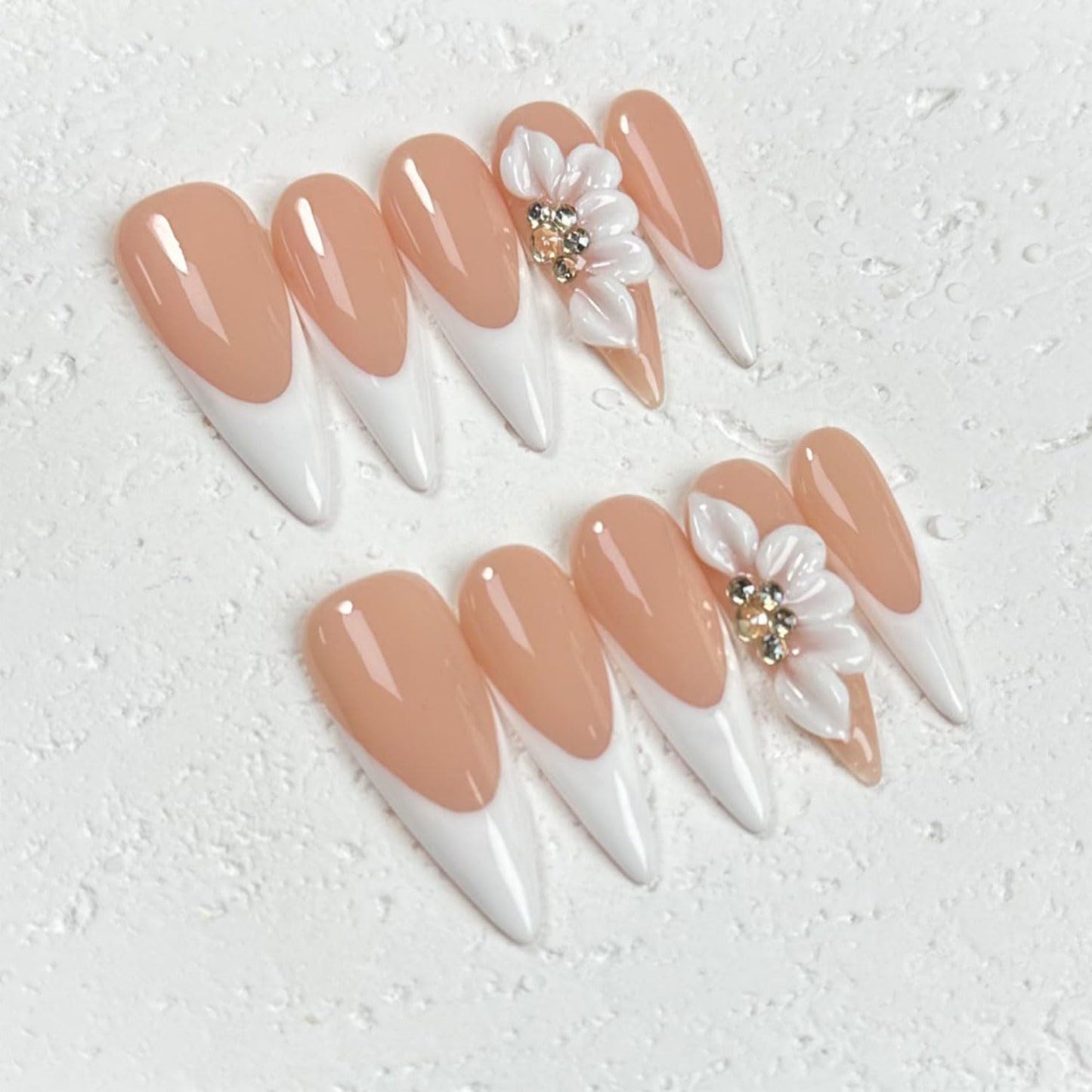 Long Press on Nails Almond Handmade Nails with Glue,French Tip False Nails Nude Pink Nail Press ons 5D Flower Art Design Muti-Layer Gel Handmade Nail Luxury False Nails for Women (Size S)