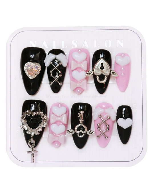 CAMILCY Luxury Handmade Press on Nails Pink Black Almond Short Gothic Heart Cross Charms Long Fake Nails Glossy Full Cover Reusable Acrylic Nail Tips for Women 10pcs (A080, S)