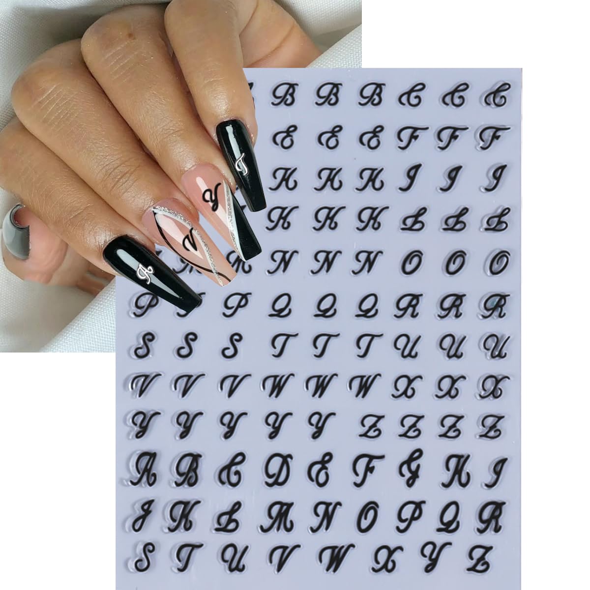 8 Sheets Letter Nail Art Stickers Old English Letter Nail Decals 3D Self-Adhesive Gold Silver Black White Retro Nail Decor Cute Nail Design Stickers Alphabet Cursive Nail Art Supplies for Women DIY