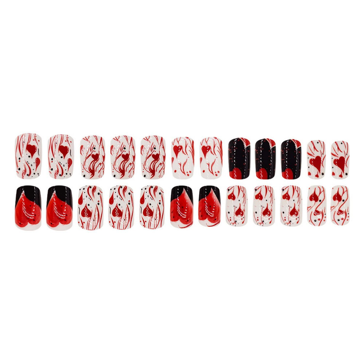 Valentine's Day Press on Nails Medium Length Fake Nails Black White Stick on Nails with Glossy designs Acrylic Nails Heart Love Stripe False Nails Full Cover Glue on Nails for Women 24pcs