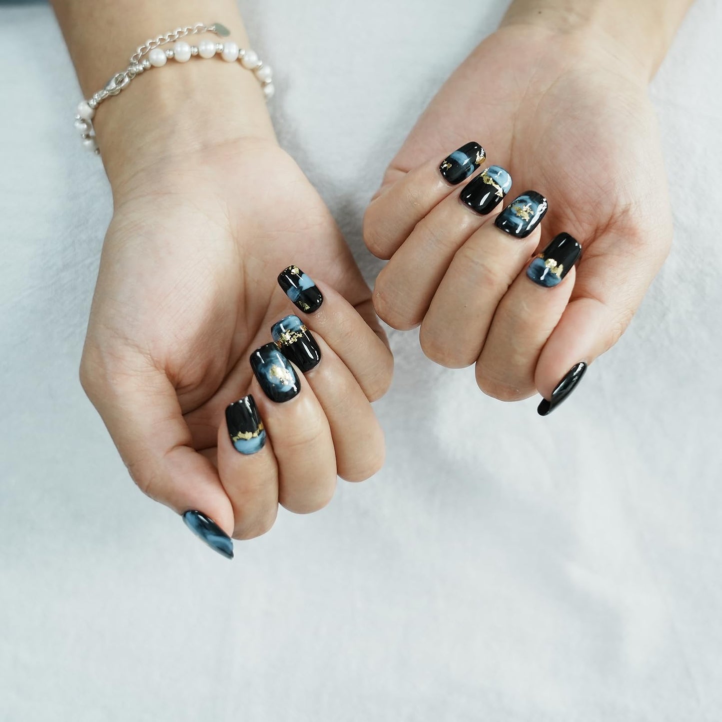 Tesytto Short Coffin Press on Nails - Handmade Black Fake Nails with Blue Ombre Glitter Gold Foil Design, High Gloss Acrylic Nails for Women, Party, Daily Wear (Playful Doodle,M)