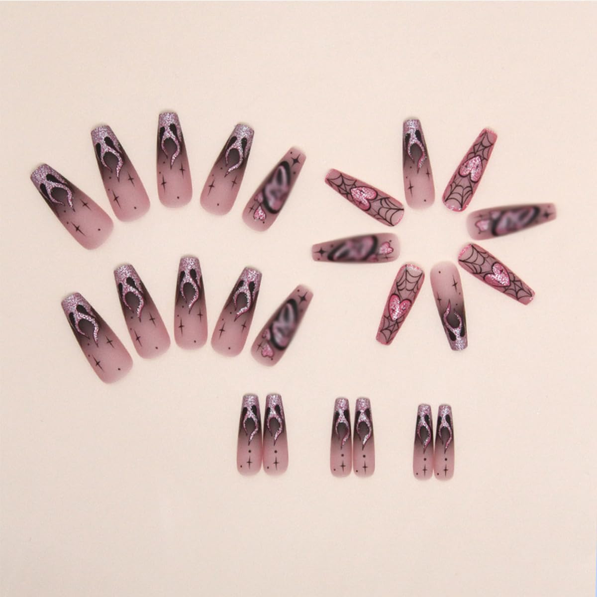 Halloween Press on Nails Long Coffin Fake Nails with Designs Cute Ghost False Nails Heart Flame Spider Skull Glue on Nails Full Cover Suqare Artificial Acrylic Stick on Nail for Women Girls 24 Pcs