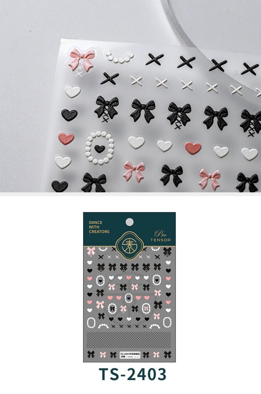 5D Embossed Black Bows Nail Stickers Pink White Heart Nail Art Stickers Ribbon Nail Decals Self-Adhesive Spring Nail Sticker Valentines Nails Supplies for Women Girls DIY Manicure