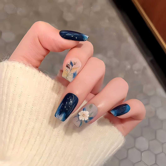 RikView Square Press on Nails Medium Fake Nails Dark Blue Nails with Flowers Design Glossy Full Cover Nails for Women 30 PCs/Set