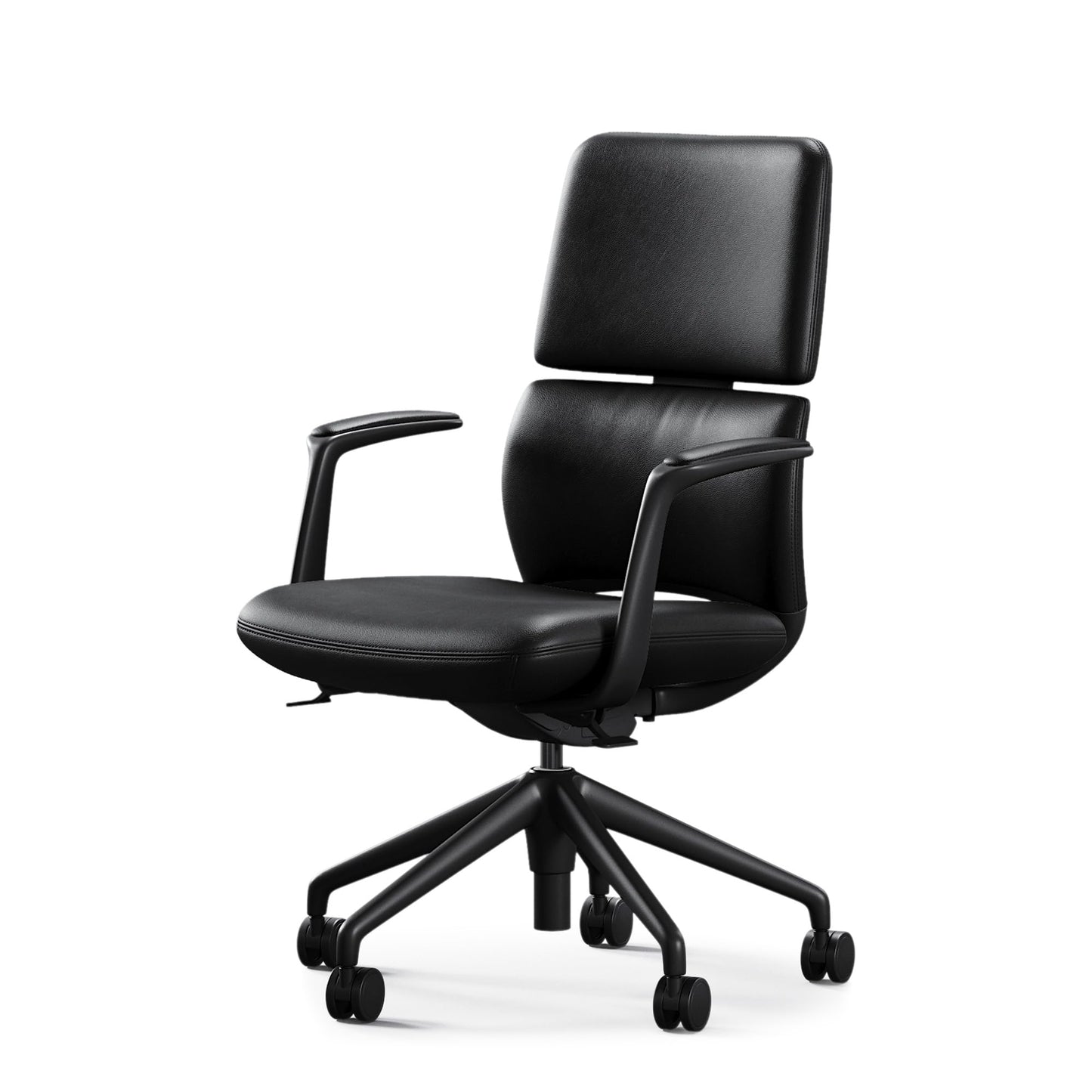 TOMU Genuine Leather Office Desk Chair with Wheels, Ergonomic Leather Executive Chair, Mid Back, Swivel Base with Adjustable Tilt, Modern Style, Luxury Aluminum Frame (Black)