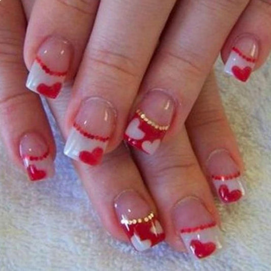 Short Press on Nails Love Heart Almond Fake Nails Art Charm Rhinestone Square False Nails Red White Heart French Design Artificial Fake Nails With Glue Full Cover Fake Nails For Valentine's Day Gifts