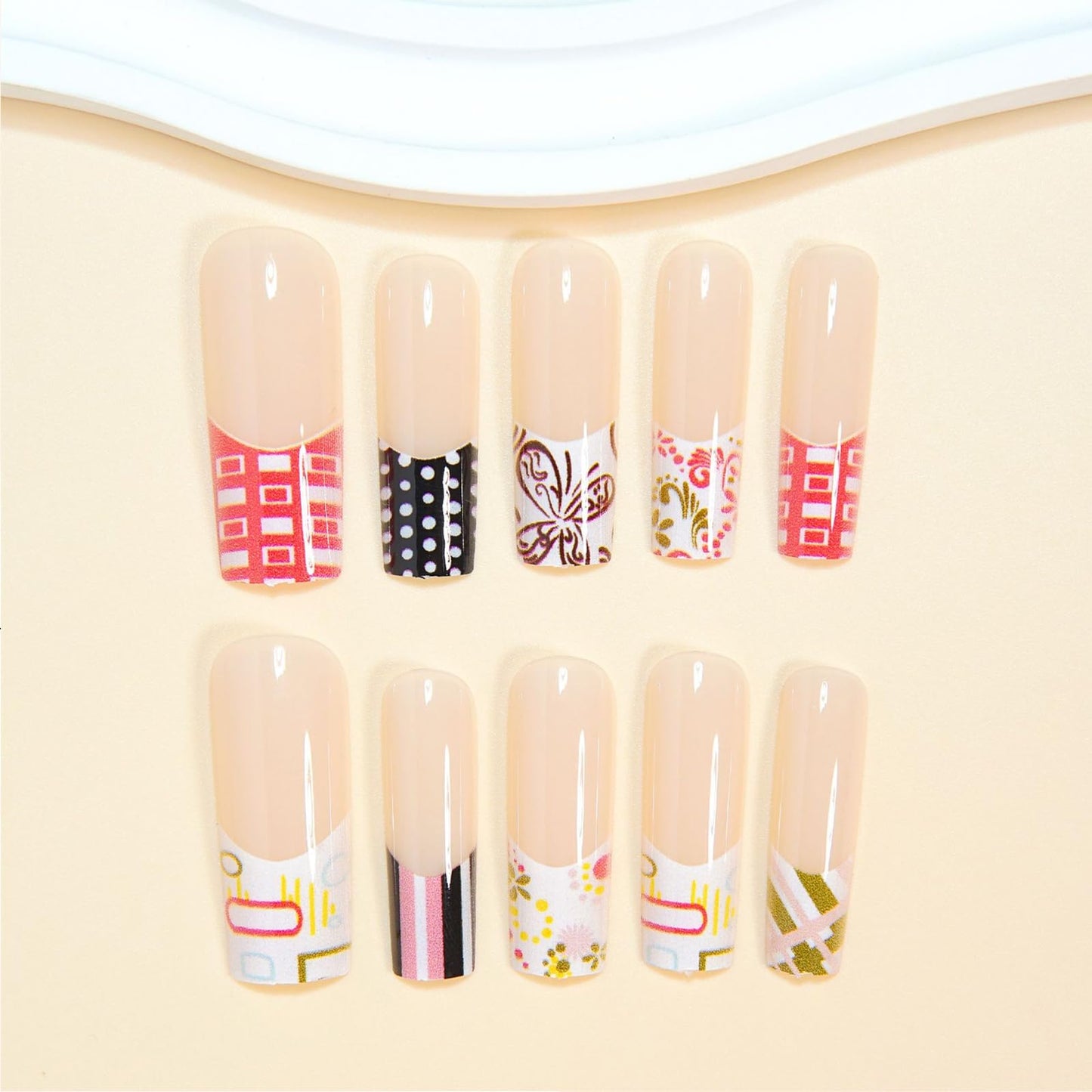 IMRAIN Long Press on Nails Square Fake Nails Artificial Acrylic French False Nails with Butterfly, Flower, Polka Dot Designs Full Cover Stick on Nails for Women 24Pcs