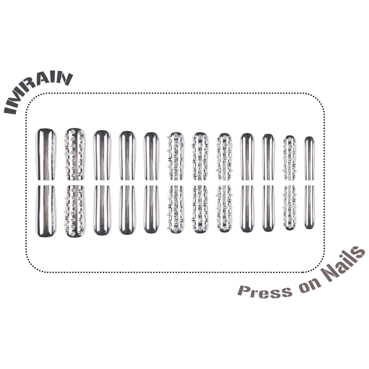IMRAIN Press on Nails Long Square Fake Nails Metal Silver Acrylic False Nails with Rivets Design Chrome Gothic Full Cover Y2K DIY Nail Supplies Stick on Nails for Women Manicure